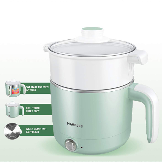 Havells Capture 1.2 L 650 W Electric Multi Cook Kettle With Steamer, Light Green
