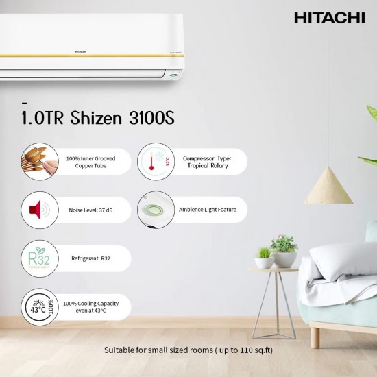 Hitachi Shizen 3100S 1 Ton 3 Star Inverter Split AC 2022 Model RAPG312HFEOZ1, White Gold 