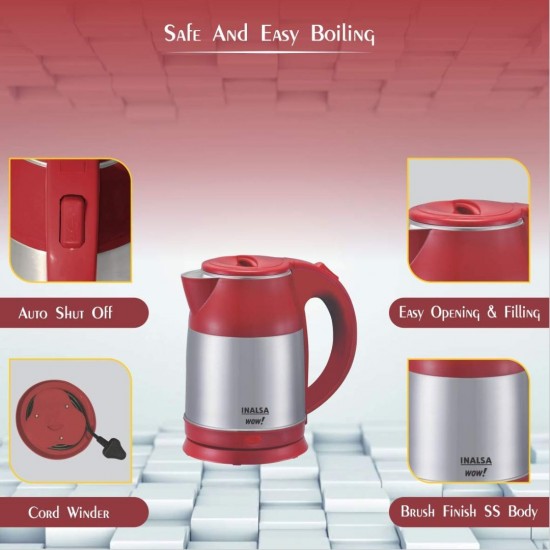 Inalsa 1.8 L Electric Kettle WOW 1500W with 360° Cordless Base, Boil Dry Protection & Auto-Shut Off, Grey/Red