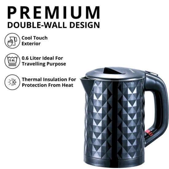 Inalsa Designer 800W Electric Kettle 0.6L Aqua Double Wall, 360 Deg Cordless Base, Black
