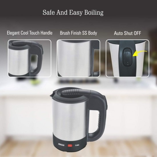 Inalsa Electric Travel Kettle Cute 0.5L, 1000 Watts, Light Indicator Boild Dry Protection, Silver/Black
