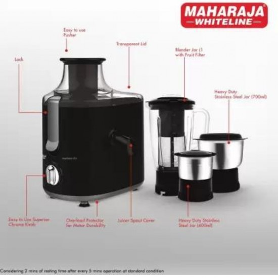 Maharaja Whiteline Jx1-159 Montero Dlx 550W Juicer Mixer Grinder, 3 Jars, Black